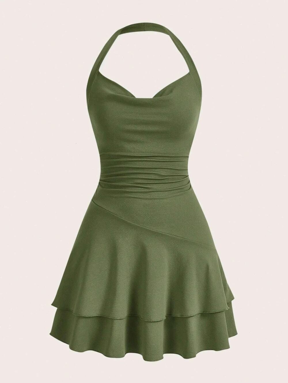 Shein Womens Halter Mini Dress Size 2 Green Sleeveless Bodycon Tiered